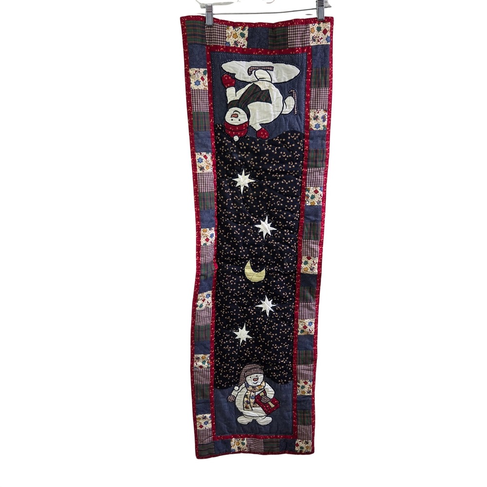 32x15 Snowman Table Runner Christmas Quilted Patchwork Blue Red‎